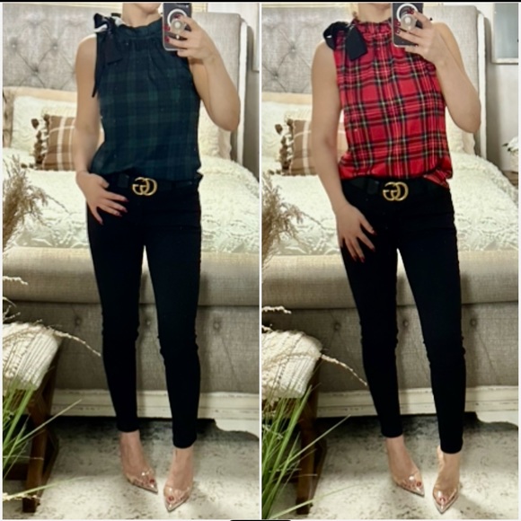 New❤️💚Beautiful Blackwatch /Red plaid bow-neck blousy top - Picture 3 of 8